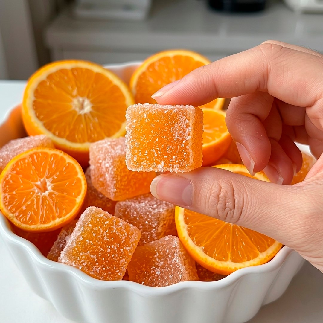Hand holding a sugar-coated orange jelly cube above a white bowl filled with more cubes and halved fresh oranges